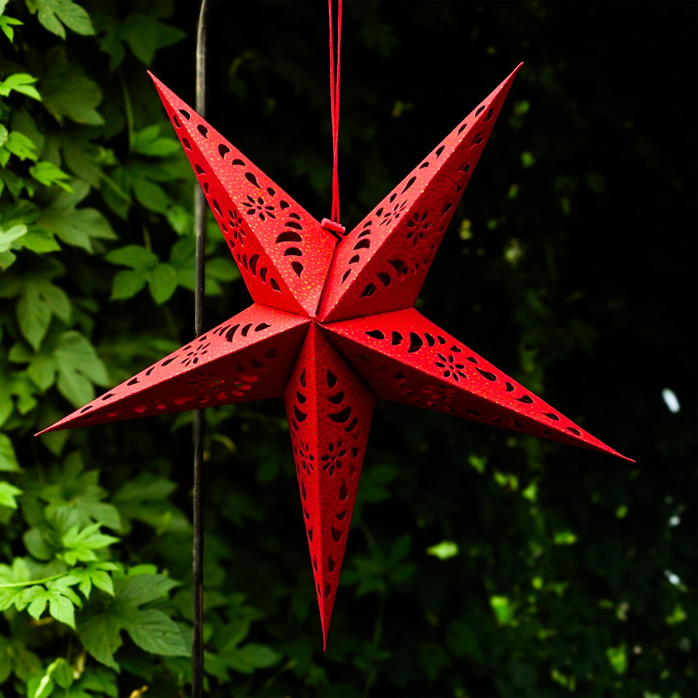 In the Breeze 9176 &#x2014; Red Paper Star Lantern &#x2014; Hanging Party and Home D&#xE9;cor with Painted Gold Accents &#x2014; Handmade, Dyed Paper
