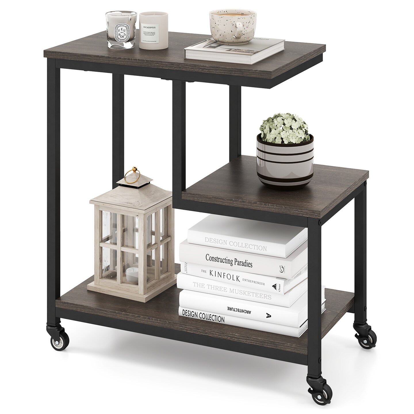 3-Tier G-Shaped End Table with Open Shelves and Mobile Casters for Home Use