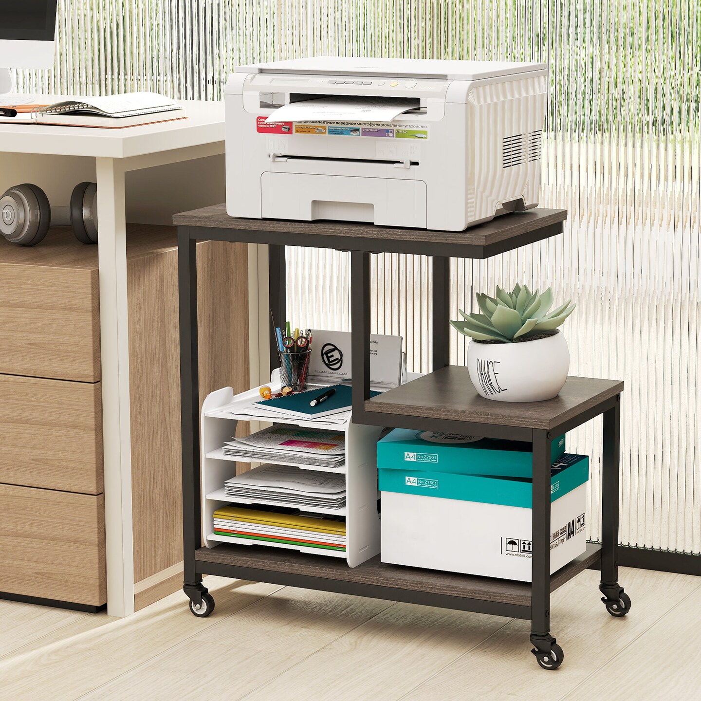 3-Tier G-Shaped End Table with Open Shelves and Mobile Casters for Home Use