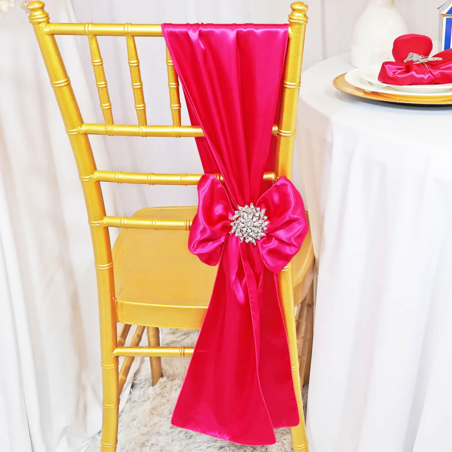 10 Pieces Fuchsia Satin Chair Bands, 8"x108" Elegant Event Wraps