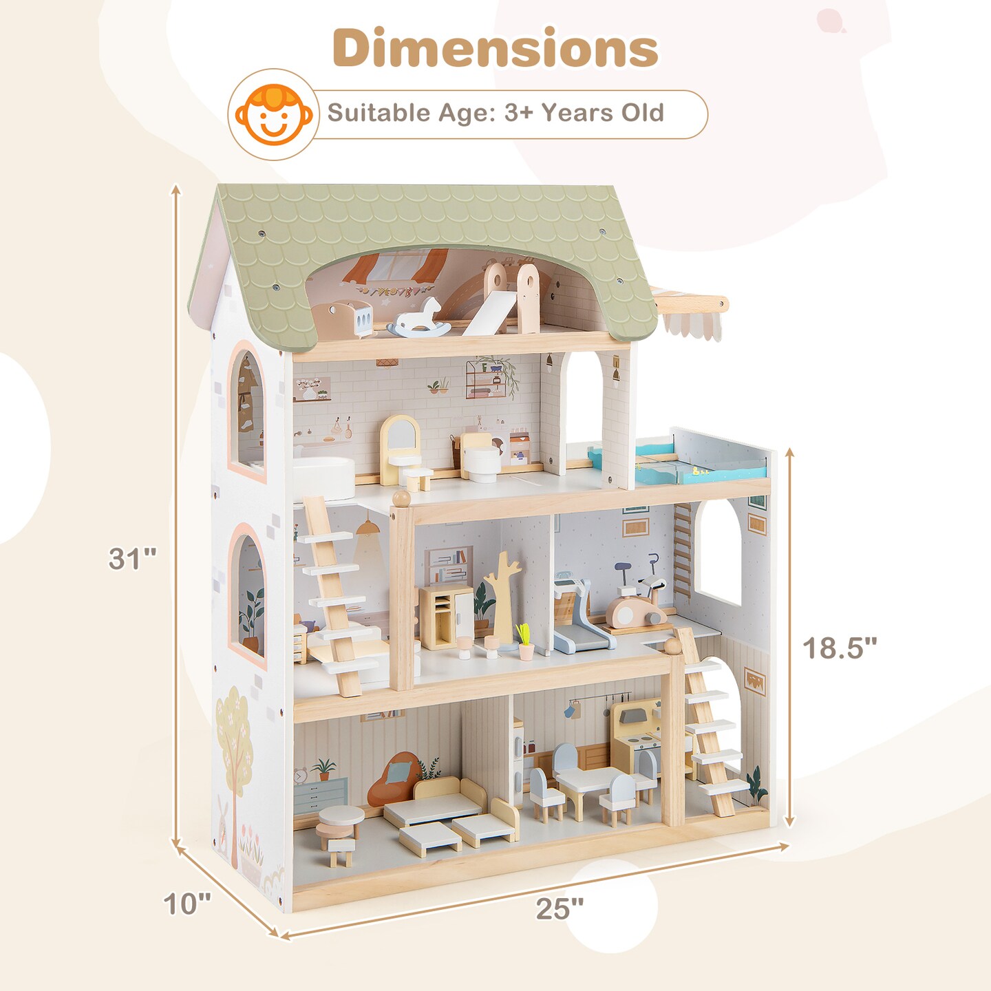 Wooden Dollhouse Kids DIY Pretend Playhouse with 33 PCS Furniture Accessories-Green