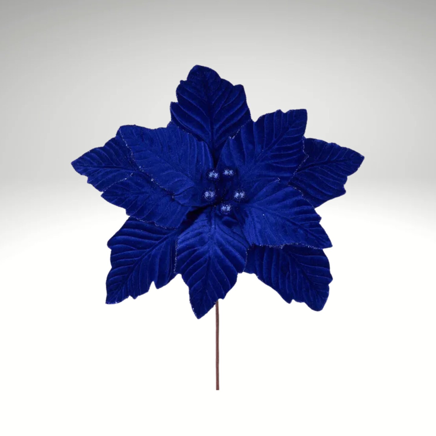 Royal Blue Velvet Poinsettia Stem &#x2013; 12.5&#x22; Christmas Flower Pick