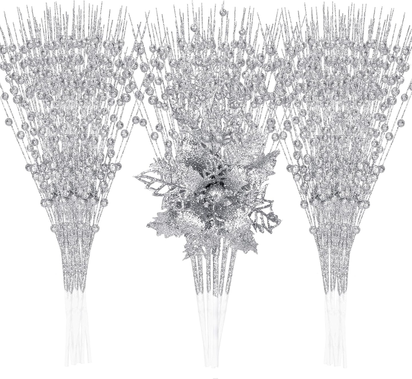 Pack Artificial Glitter Berry and Flowers Stem (Silver)