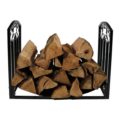 Black Steel Firewood Holder Log Rack 24 Inch Indoor Outdoor Log Storage with Scroll Design