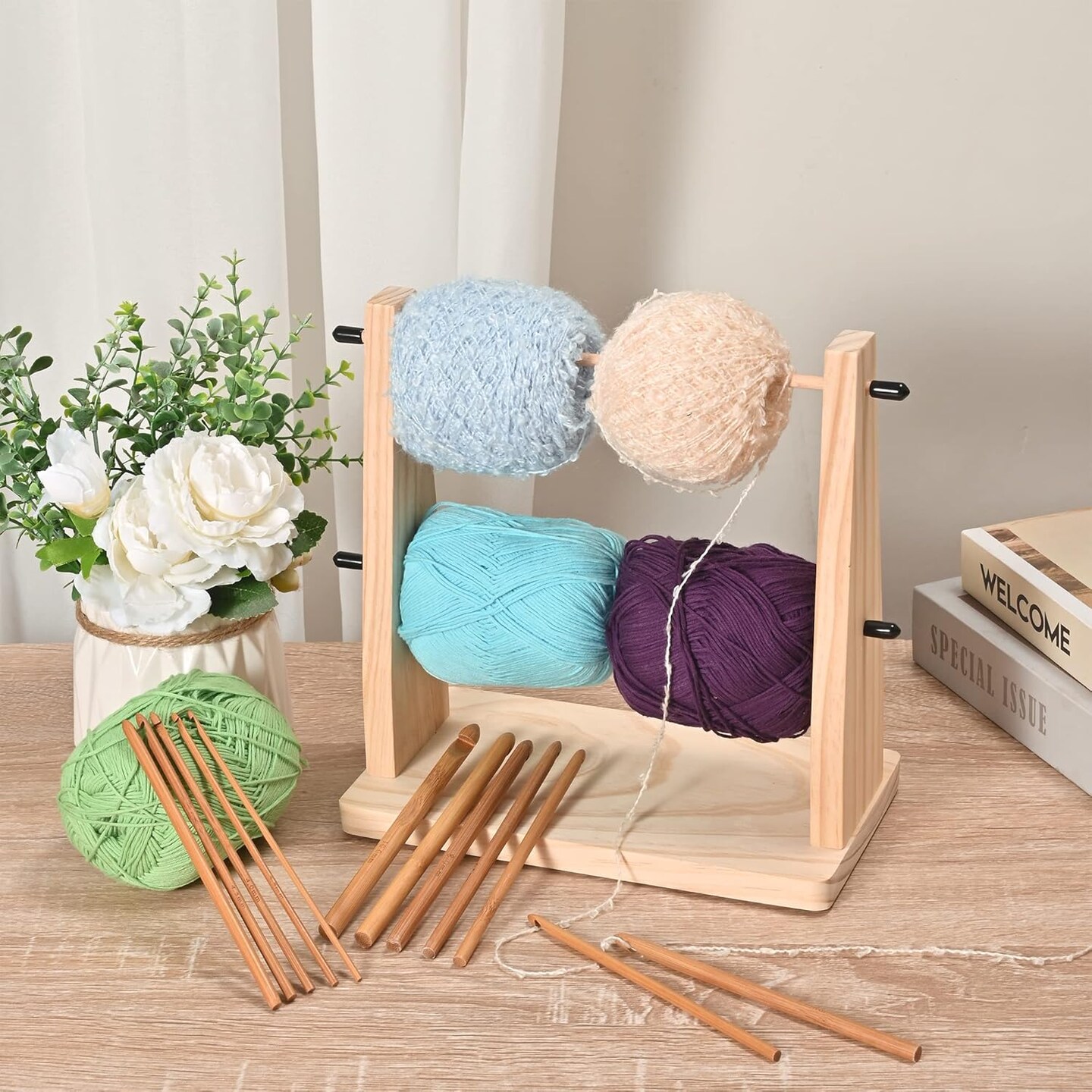 Wooden Yarn Holder, Double Revolving Storage for Knitting & Crochet Supplies (wood)
