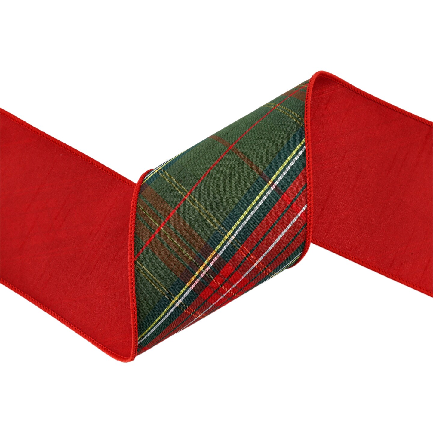 LaRibbons 4&#x22; - 2 1/2&#x22; Wired Dupioni Ribbon | Red/Dark Green Plaid Bias Cut Double-Fused Red Backing | 5 Yard Roll