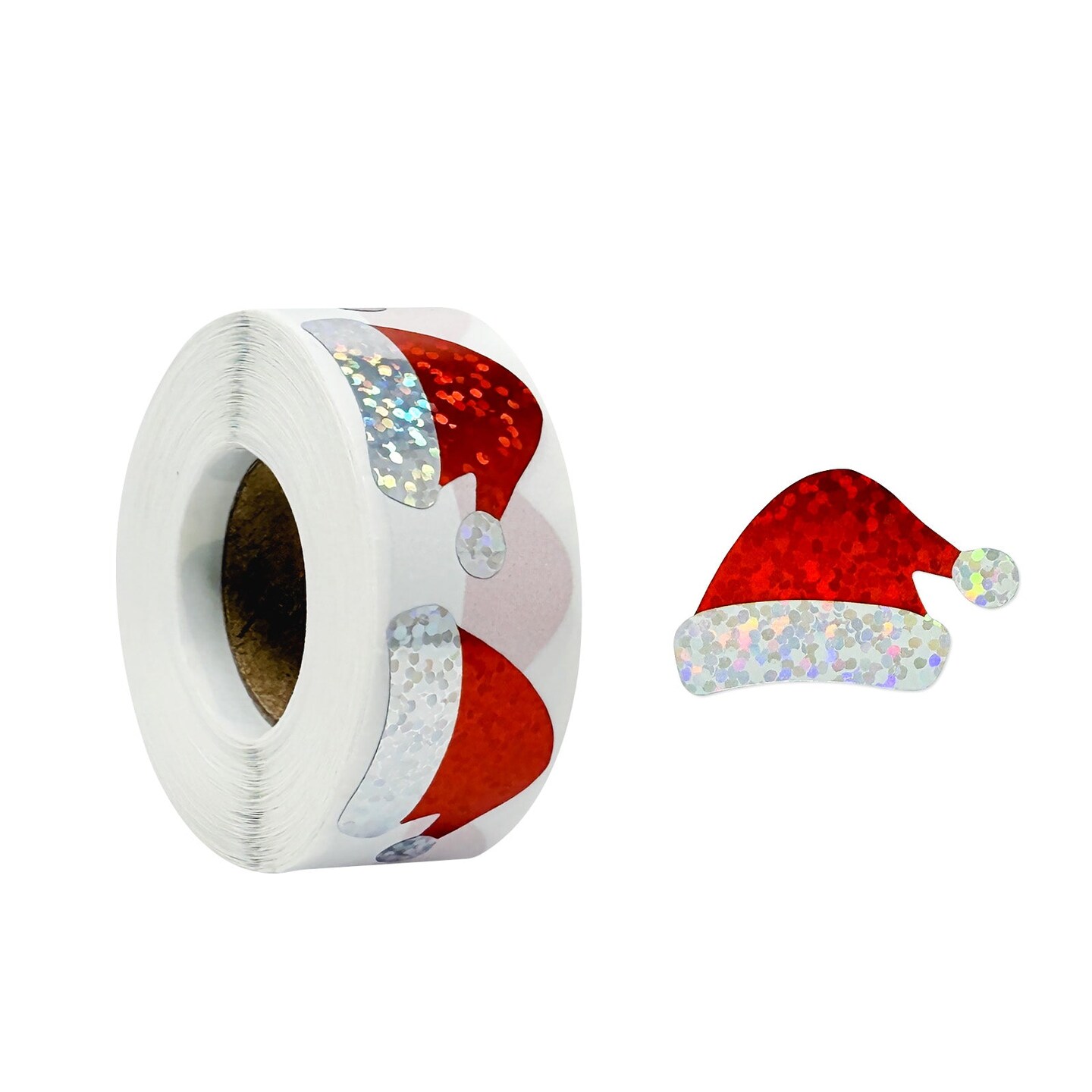Wrapables Holographic Christmas Sticker Roll, for Sealing Envelopes, Gift Boxes, Journal, Party Decor and Supplies (500pcs), Santa Hat