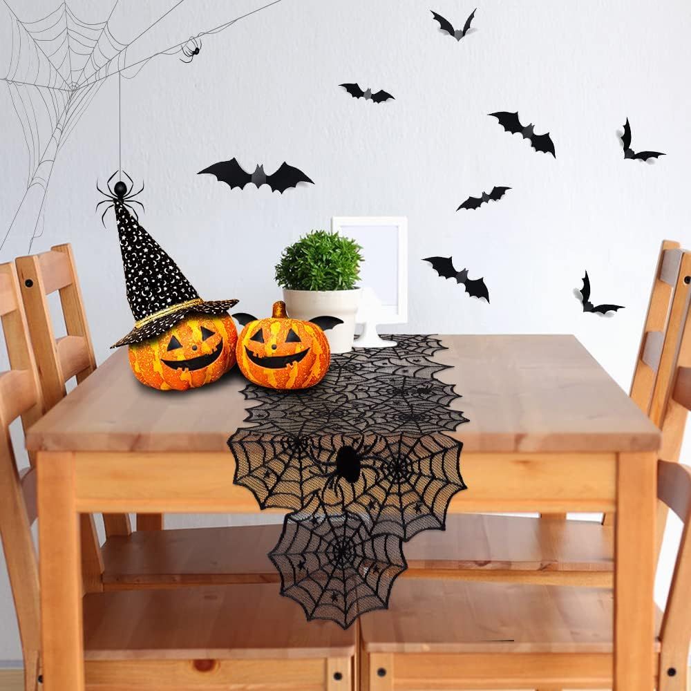 Halloween Decoration Table Runner with 12 Pack 3D Bats, Spider Web Black Lace Table Runner for Kitchen Dinner Table, Halloween Party Decoration Indoor - 13 x 72 Inch