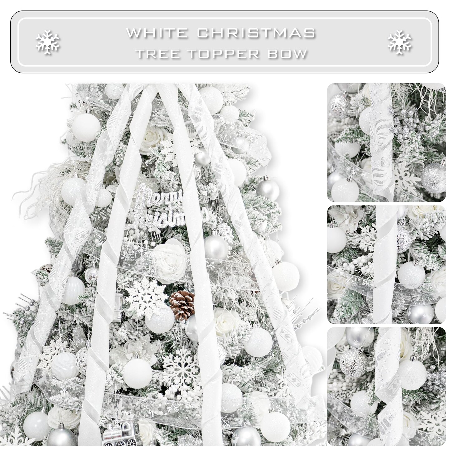 Hismir Christmas Tree Topper Bow&#xFF0C;53x13 Inches Large Christmas Bow with Glitter Streamer and Patterned Ribbon&#xFF0C;Decorative Bows for Xmas Tree Wreath Door Festival Home Decor(White)