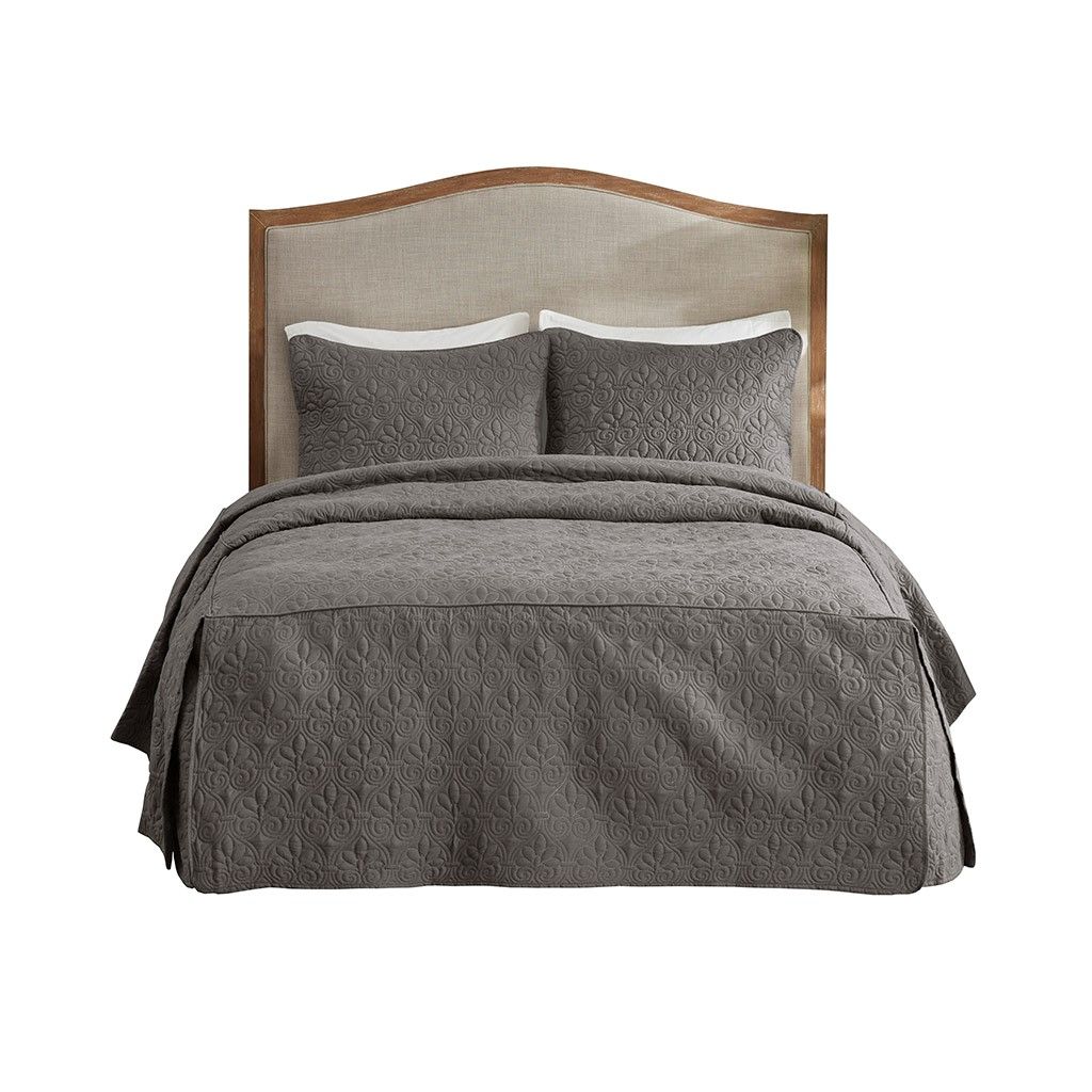 Quebec Queen Dark Grey 3 Piece Split Corner Pleated Quilted Bedspread Set