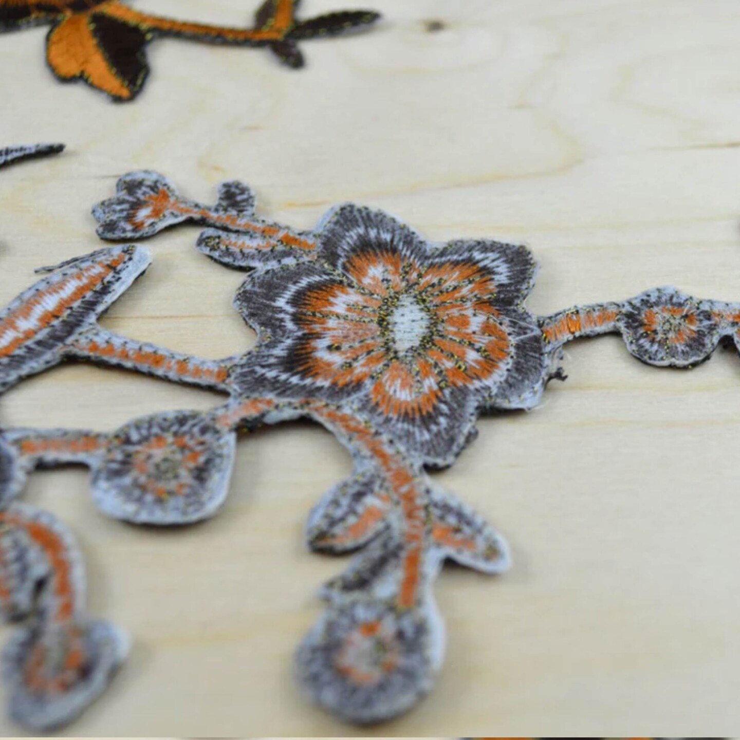 2 Pieces Brown and Rust Flower Appliques with Antique Gold Embroidery Iron On Patches