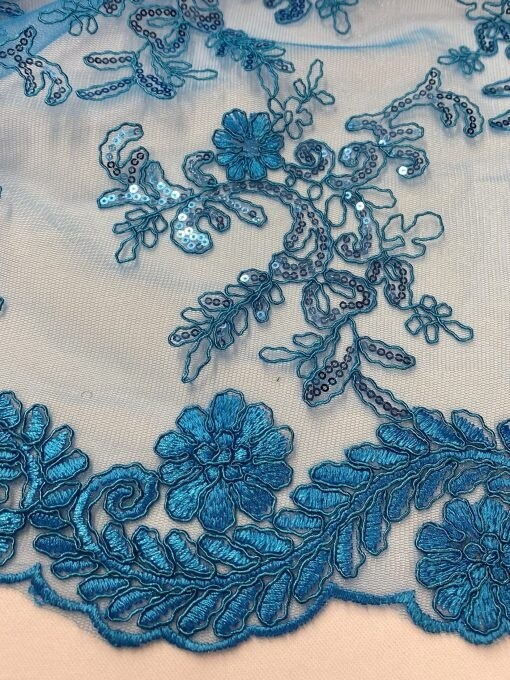 1 Yard Turquoise Sequin Embroidered Lace Fabric Corded Mesh Double Scallop Edge 54" Wide