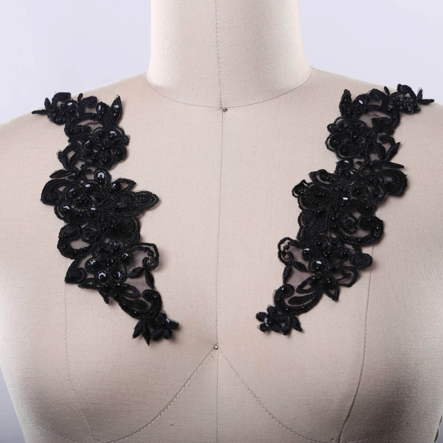 Black Beaded Floral Collar Patch Pair Sequined Iron On Appliques Decorative 9 Inch