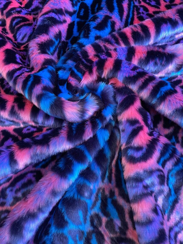 1 Yard Leopard Tie Dyed Faux Fur Fabric Black Light Reflective for Costumes and Decor