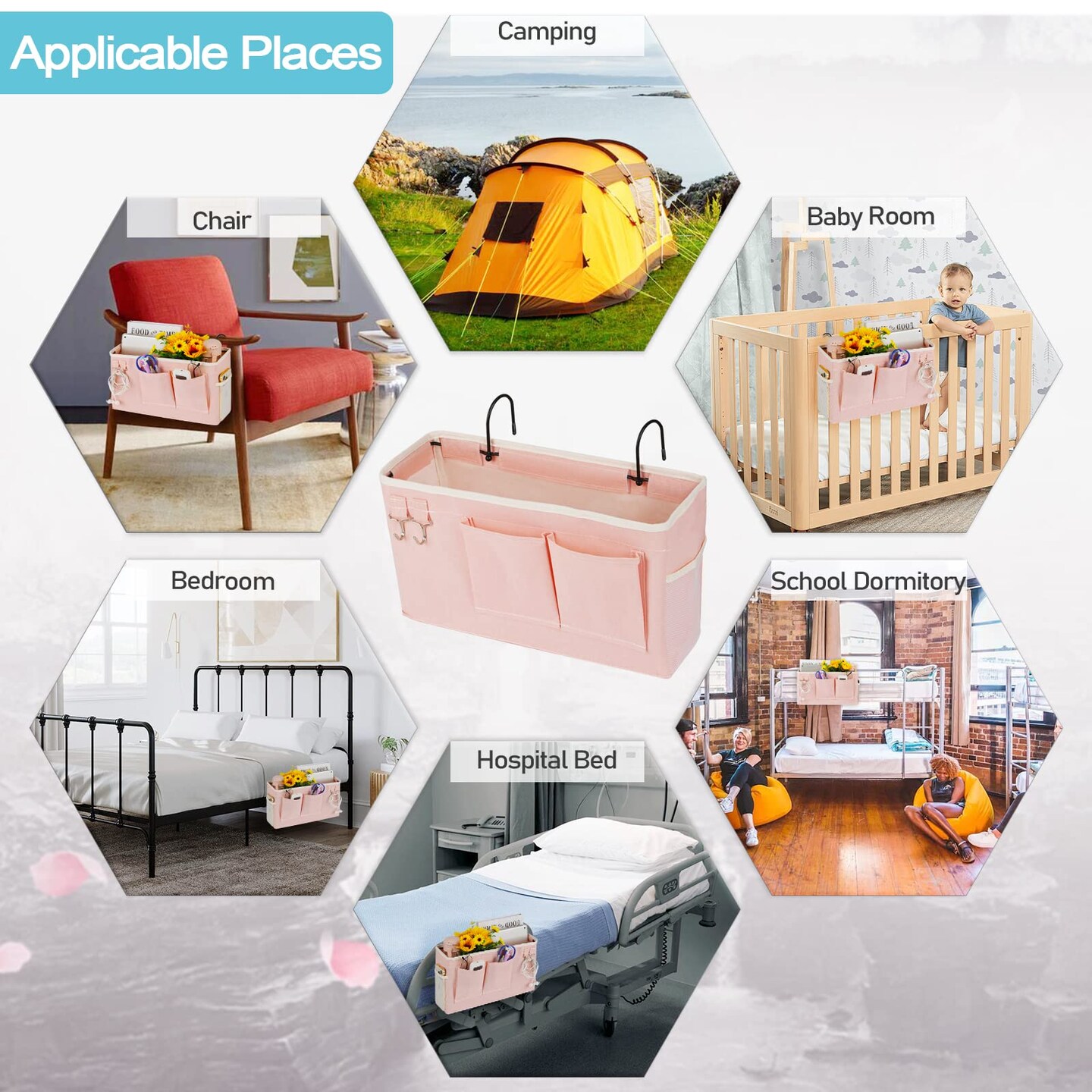 Bedside Caddy/Bedside Storage Bag Hanging Organizer for Bunk and Hospital Beds,Dorm Rooms Bed Rails,Can be Placed Glasses,Books,Mobile Phones,Keys (Light Pink)