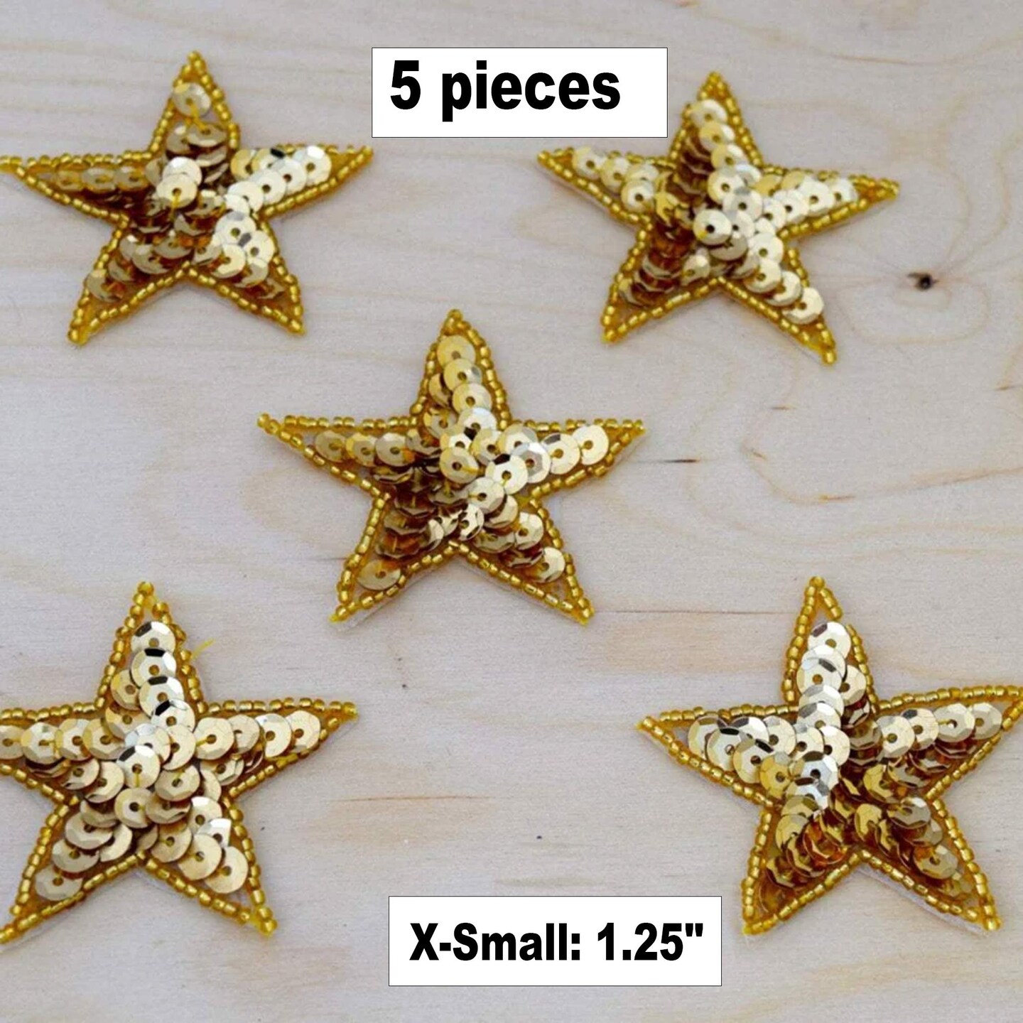 5 X-Small 1.25&#x22; Gold Sequin Beaded Star Iron On Patch for Clothes Crafts Hats Decoration