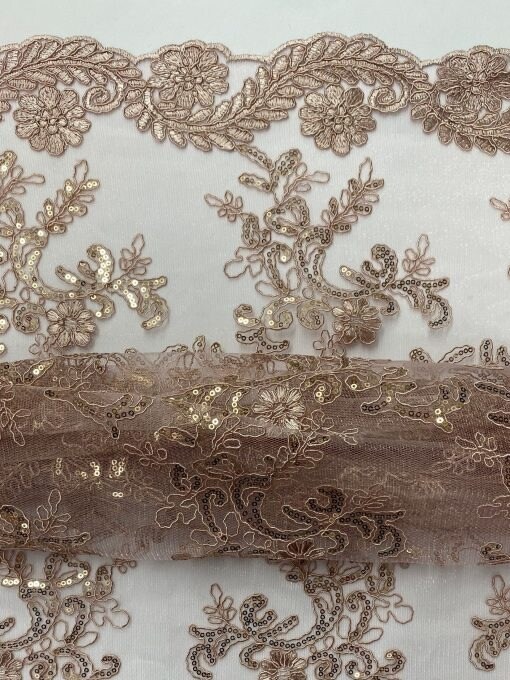 1 Yard Mauve Corded Sequin Lace Mesh Fabric with Double Scalloped Edge 54” Wide