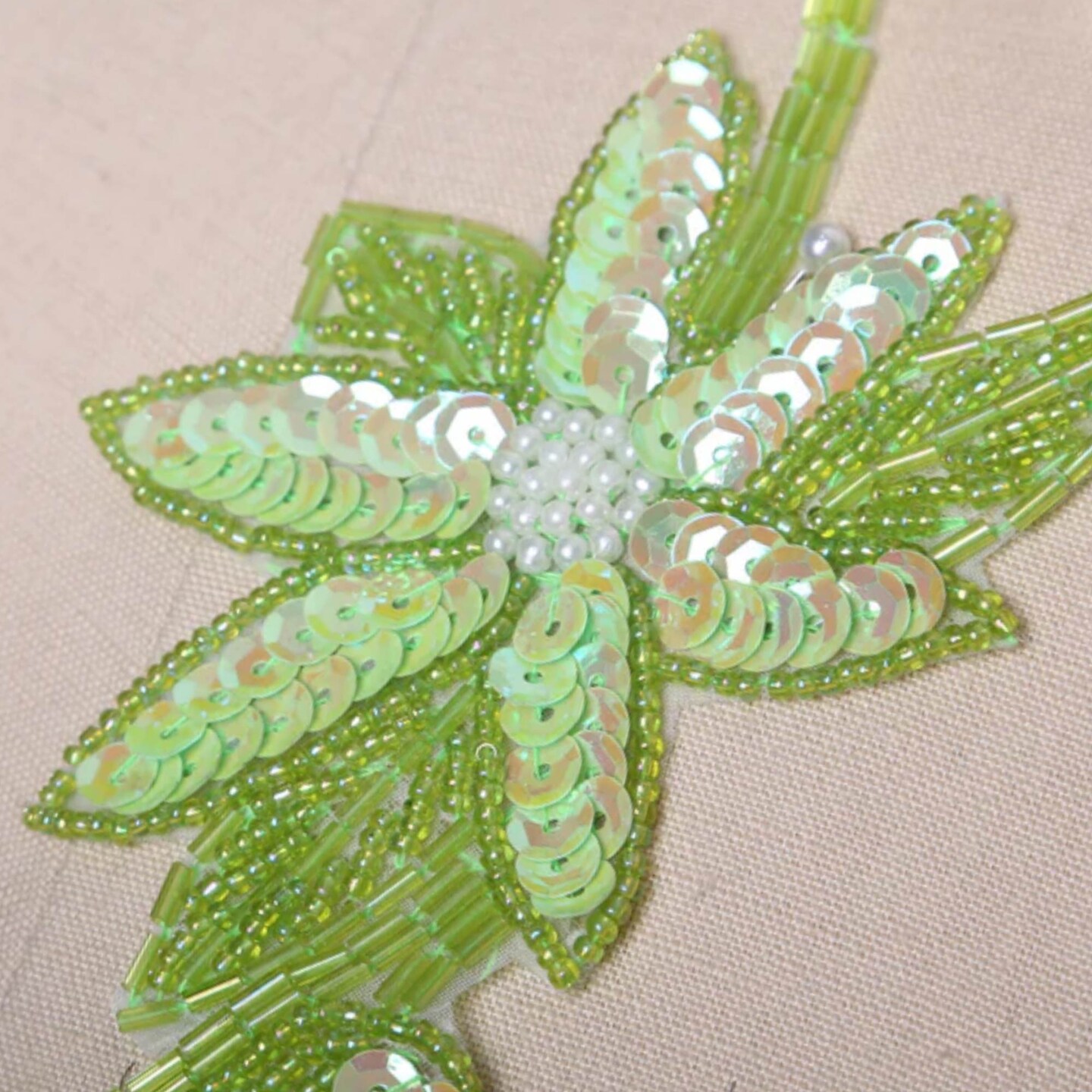 Lime Green Sequined Flower Patches Set of 2 Beaded Iron On Appliques 6 x 3.25 Inch