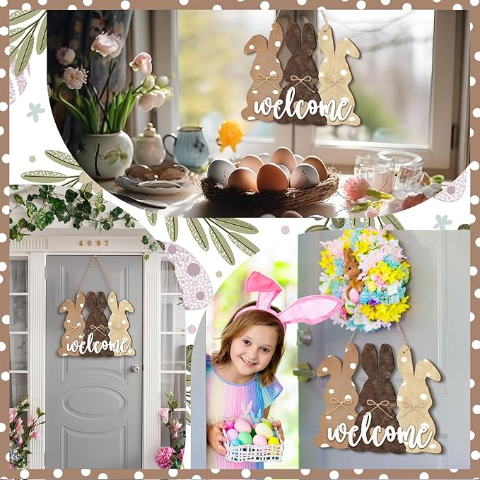 Easter Bunny Welcome Sign Wooden Door Decoration Wreath Hanging Plaque Farmhouse Home Front Porch Rabbit Sign With Bow for Shop Home Garden Spring Decor