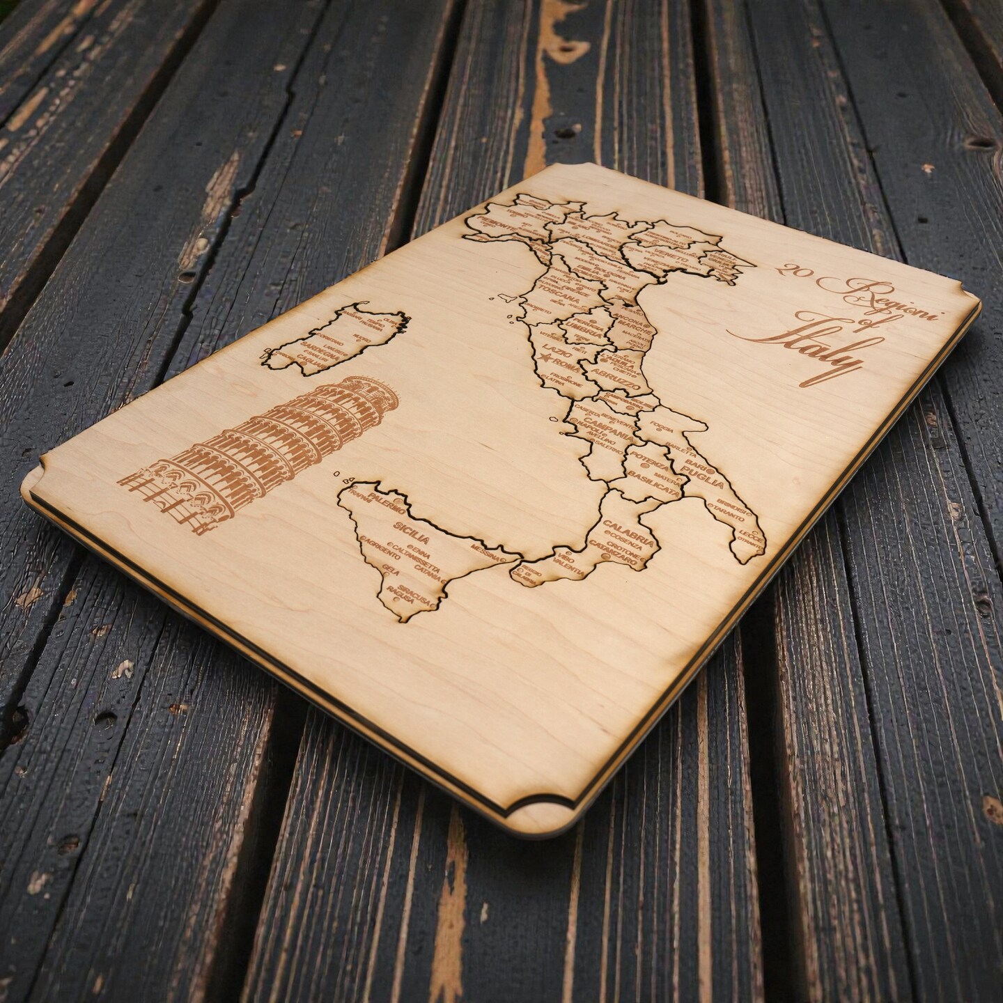 Italy Map - Puzzle Map - Art Kit - Raw Wood 18x12 Inches - 21 pieces - With Stand