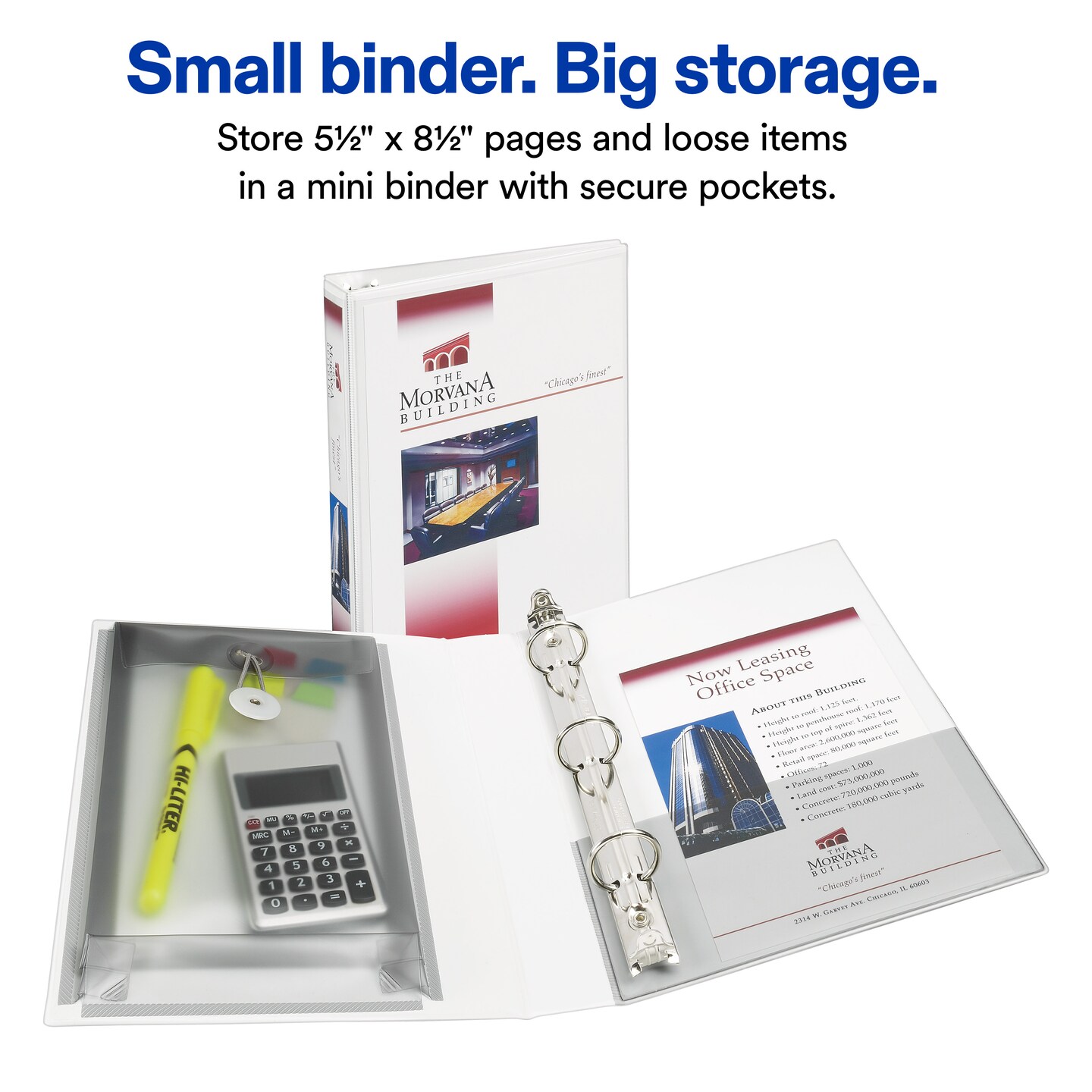 Avery Mini Durable View Protect & Store Binder, Holds 5.5" x 8.5" Paper, 1" Round Rings, 175-Sheet Capacity, 1.4 Inch Wide Spine, Includes Fully Enclosed Pocket, 1 White Binder (23011)