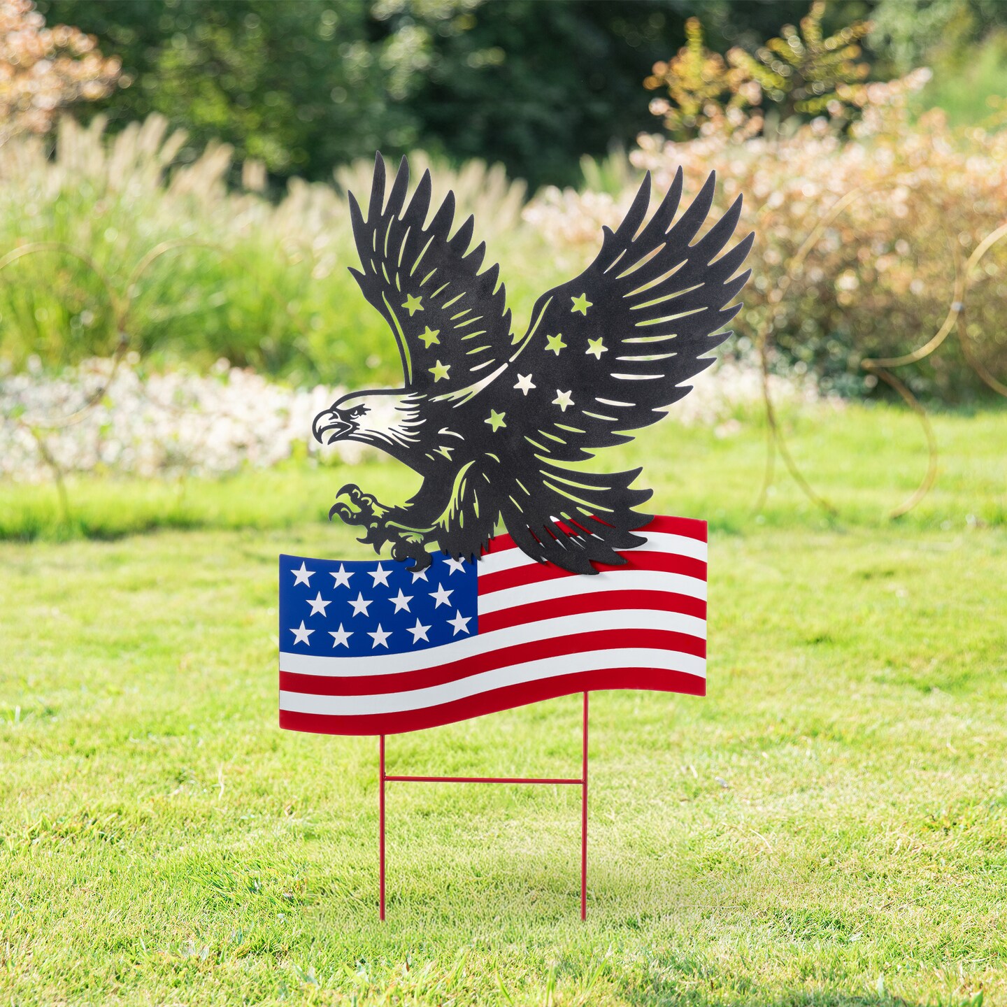 Set of 2 29.75"H Patriotic/ Americana Metal Eagle Silhouette & Flag Yard Stake (KD)