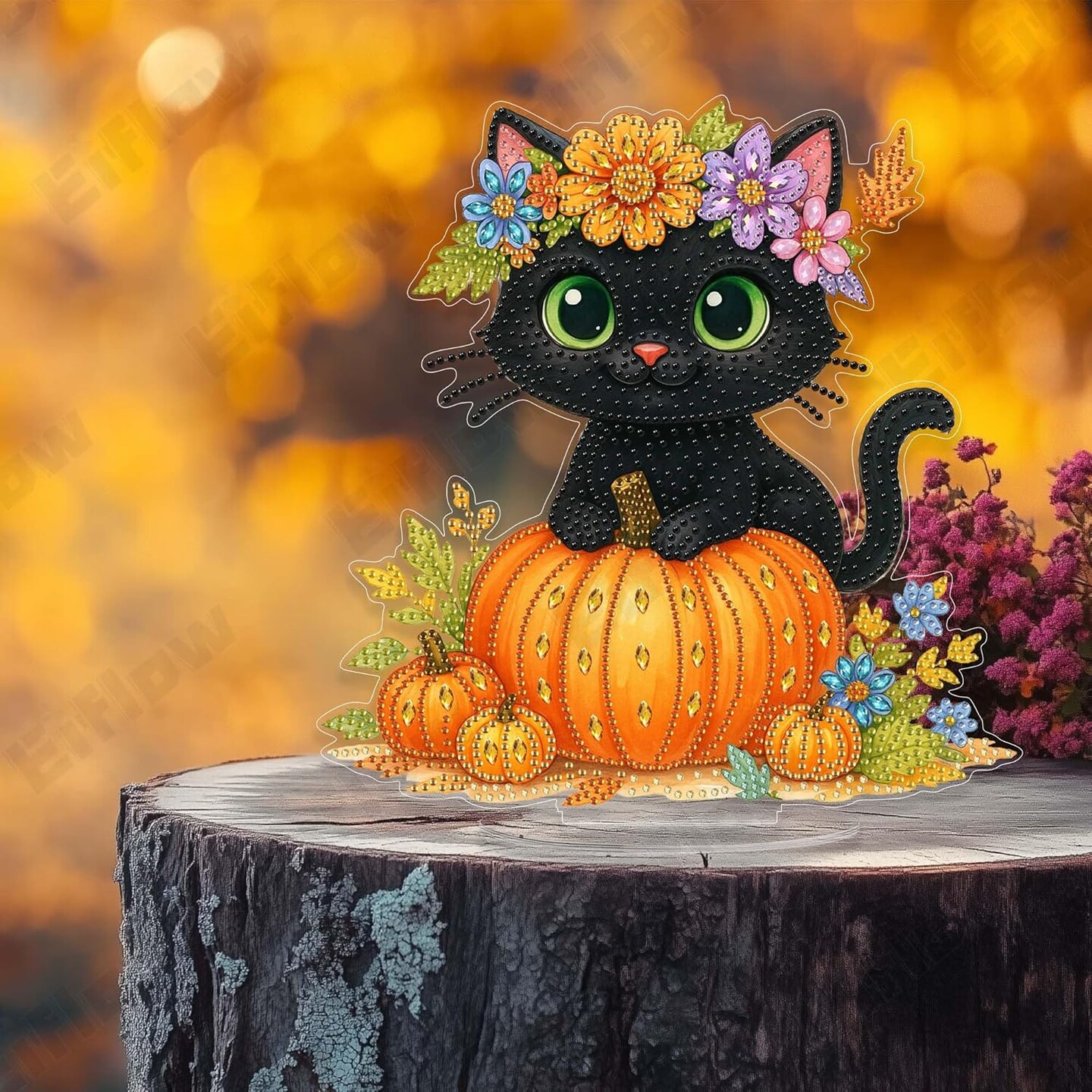 Desktop Diamond Art Kit for Adults – Halloween Black Cat & Pumpkin, DIY Tabletop Gem Painting with Stand