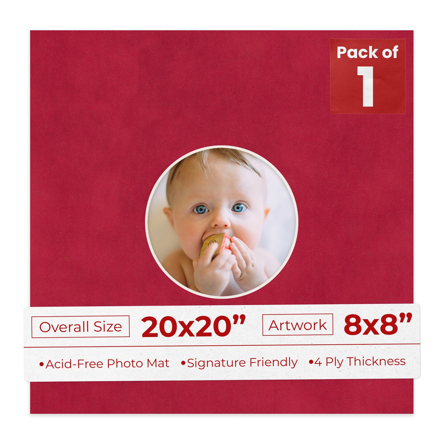 Red Suede Mat Board for 20x20 Frames - Circle Opening for 8x8 Photos