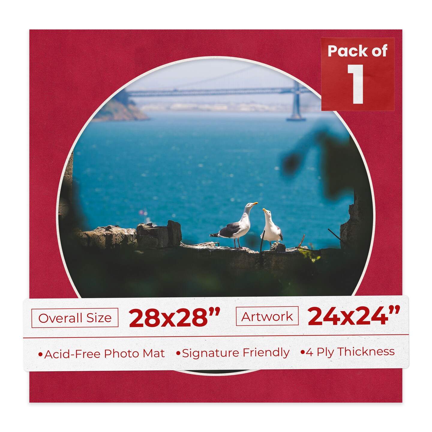 Red Suede Mat Board for 28x28 Frames - Circle Opening for 24x24 Photos