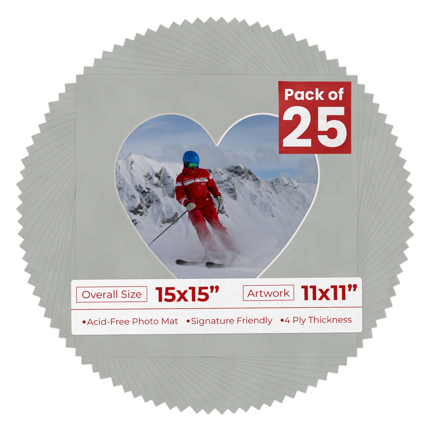 Light Grey Suede Mat Board for 15x15 Frames - Heart Opening for 11x11 Photos