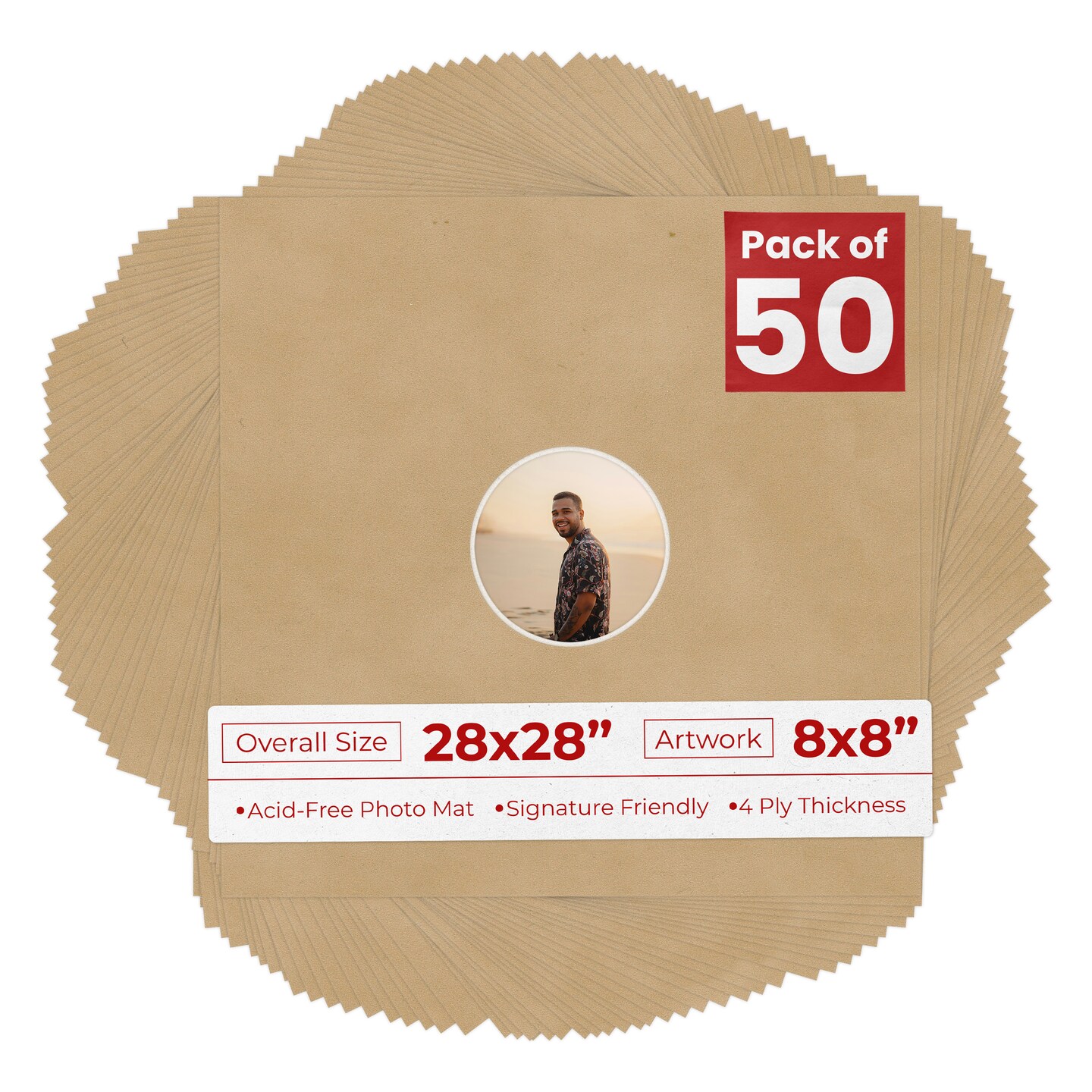 Beige Suede Mat Board for 28x28 Frames - Circle Opening for 8x8 Photos