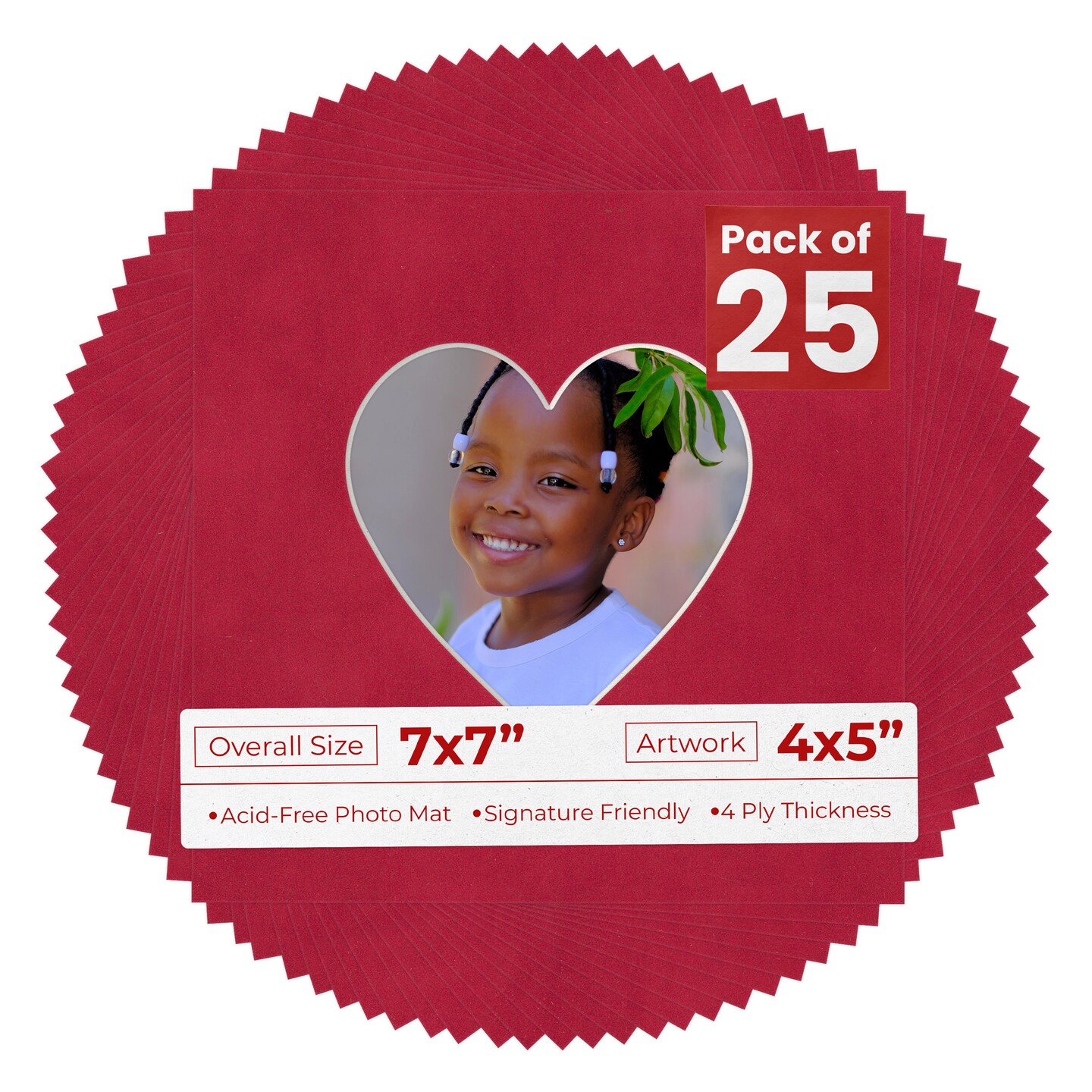 Red Suede Mat Board for 7x7 Frames - Heart Opening for 4x5 Photos
