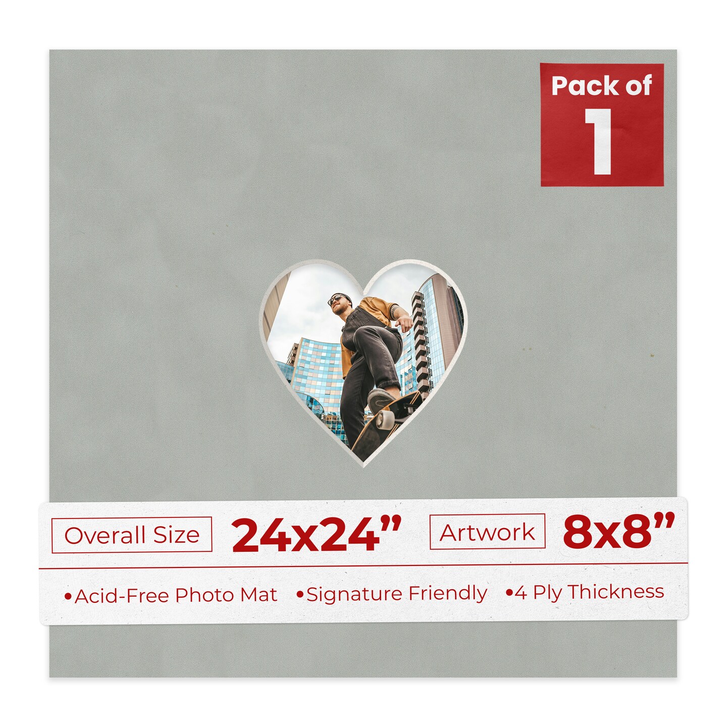 Light Grey Suede Mat Board for 24x24 Frames - Heart Opening for 8x8 Photos