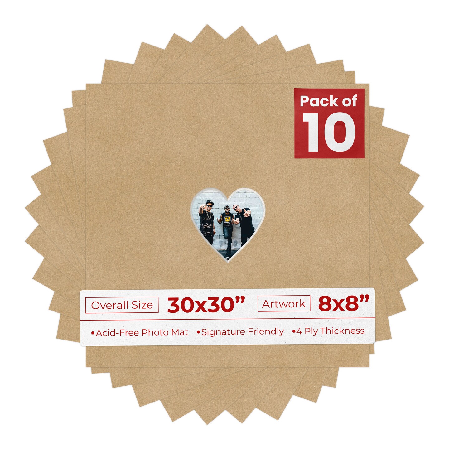 Beige Suede Mat Board for 30x30 Frames - Heart Opening for 8x8 Photos
