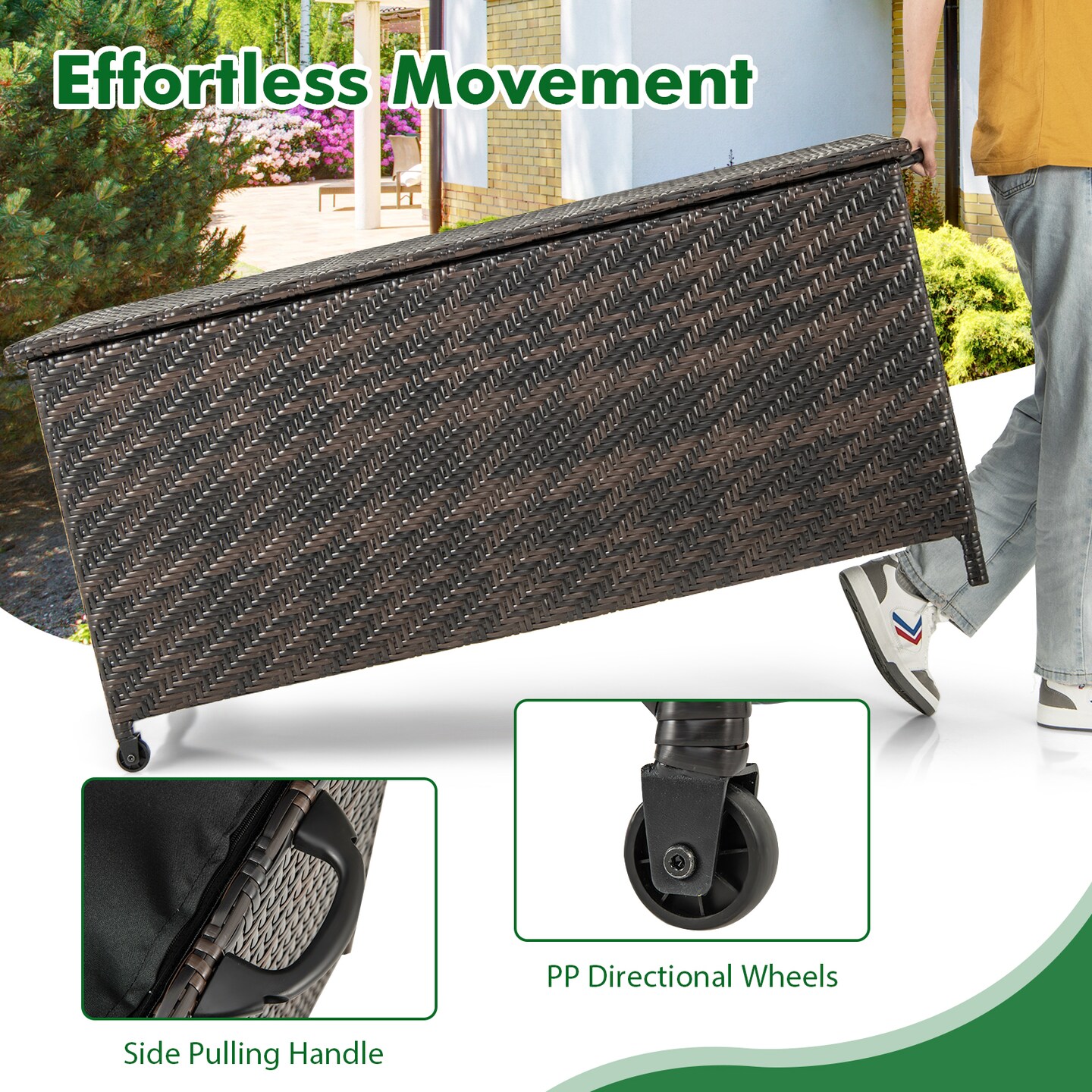 Outdoor Storage Box 85 Gal Rattan with Removable Liner and Universal Wheels