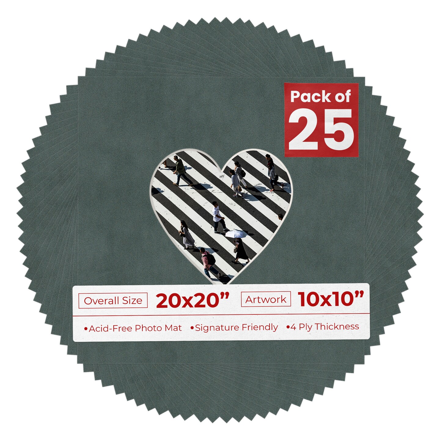 Dark Grey Suede Mat Board for 20x20 Frames - Heart Opening for 10x10 Photos