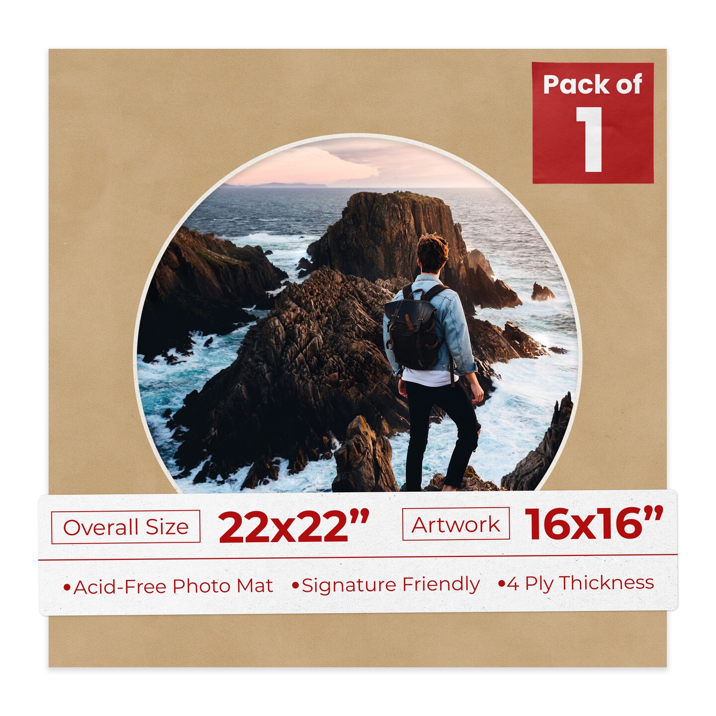 Beige Suede Mat Board for 22x22 Frames - Circle Opening for 16x16 Photos