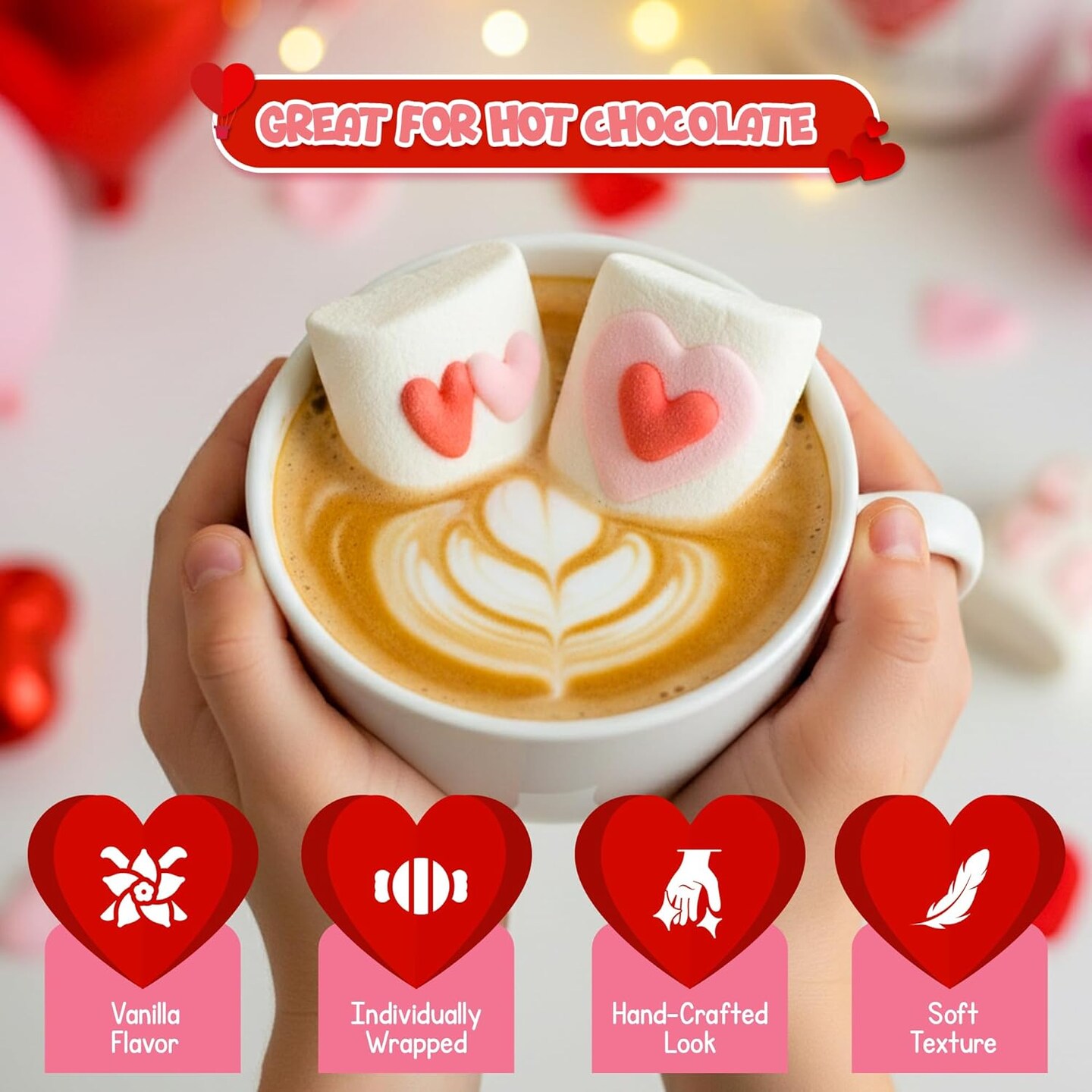 4E's Novelty decorative Marshmallows (16 Pcs) - Decorated Marshmallow with Hearts Individually Wrapped Bulk, Valentine Marshmallow Hearts Pink Candy, Treats for Fun Non-Candy Valentines Day Candy