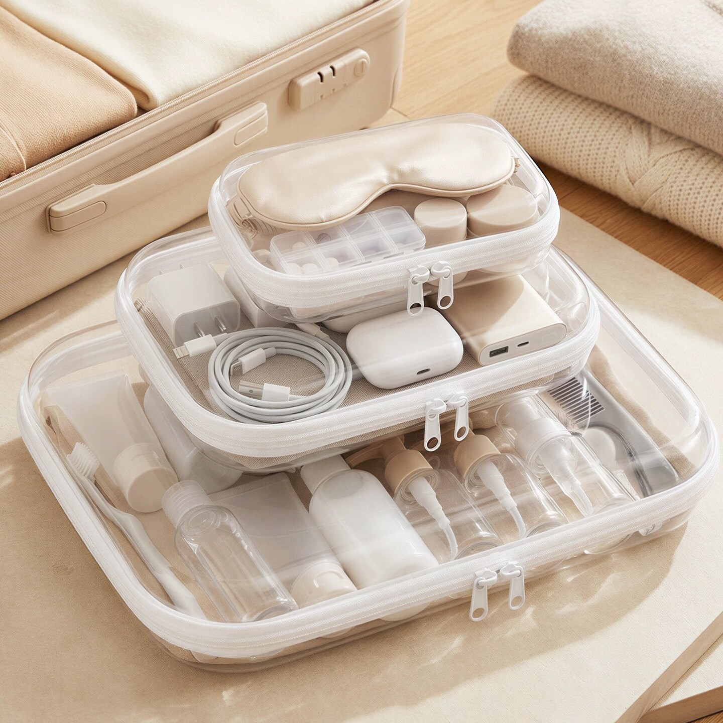 Wrapables Transparent Hard Shell Zipper Case, Clear Travel Storage Organizer for Toiletries, Makeup, and Cosmetics (Set of 3), LMS