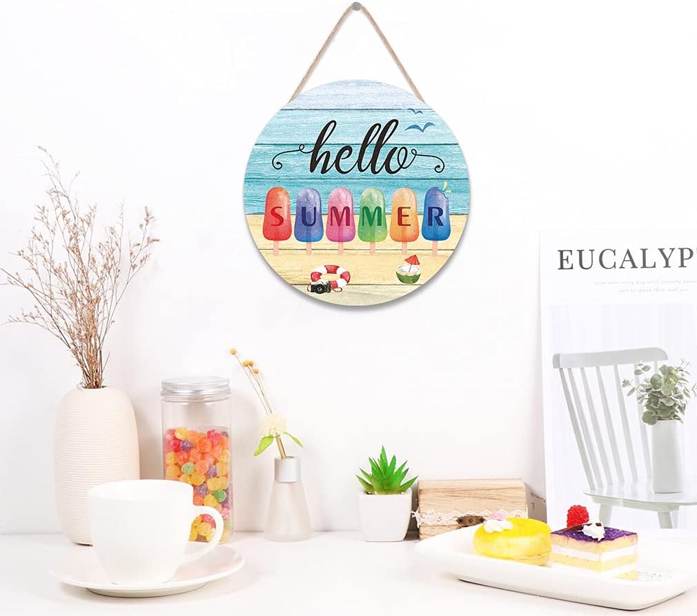 Hello Summer Front Door Sign Hanger(12&#x22;x12&#x22;), Summer Themed Wooden Door Decoration Hanging with Beach Popsicle Ice Cream, Round Welcome Summer Sign Decoration for Home Front Door Outdoor