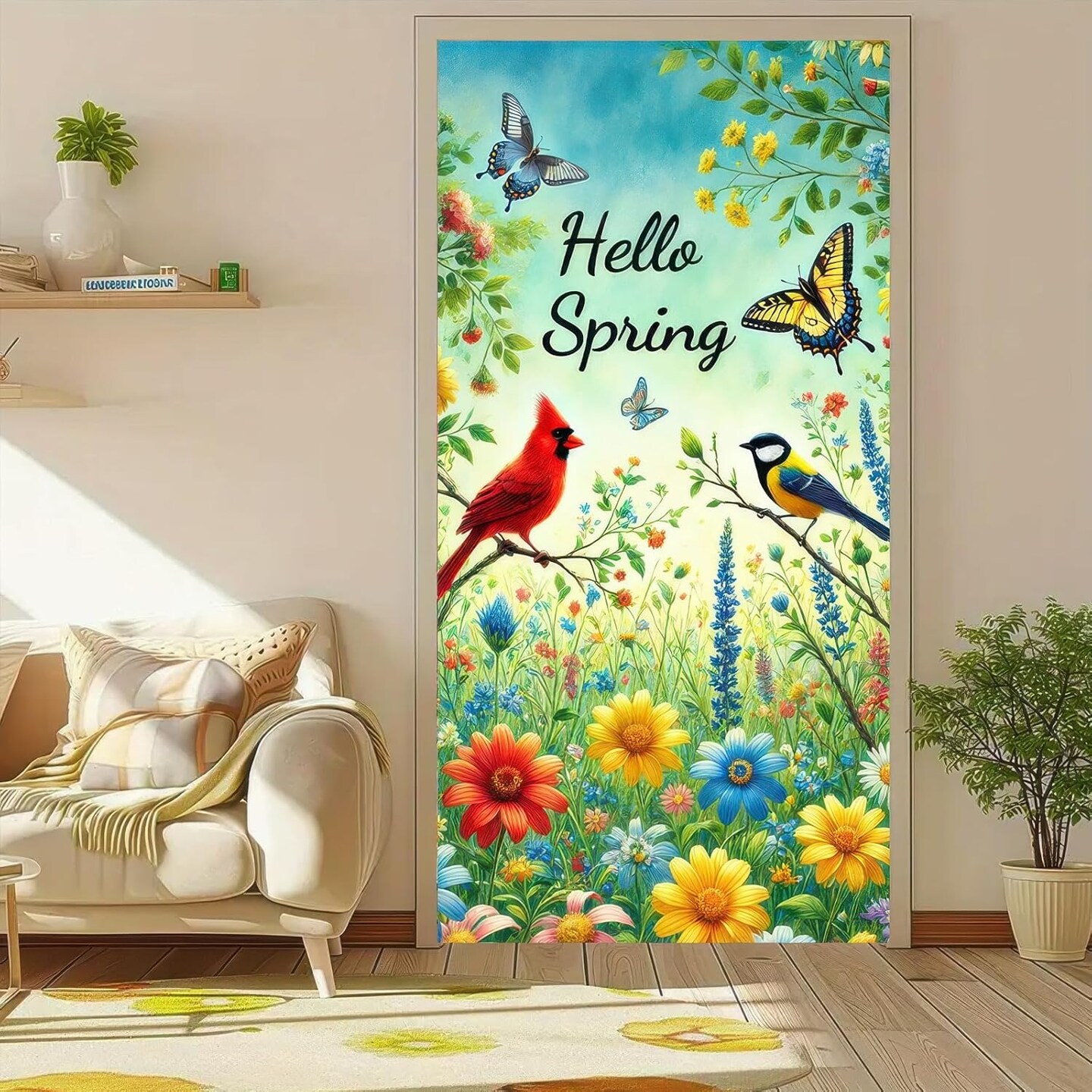 Spring Door Cover 71x35 Inch Bird Flower Door Banner Hello Spring Seasonal Front Door Decoration for Welcome Holiday Spring Summer Easter Decor Indoor Outdoor
