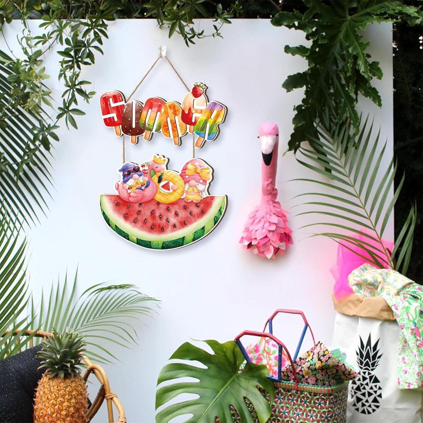 Hello Summer Door Sign,Watermelon Door Hanger,Summer Welcome Wood Decor,Watermelon Gnome Hanging Decor,Popsicle Ice Lolly Ice Cream Wall Plaque for Outdoor Home Office Yard Porch Pool Party