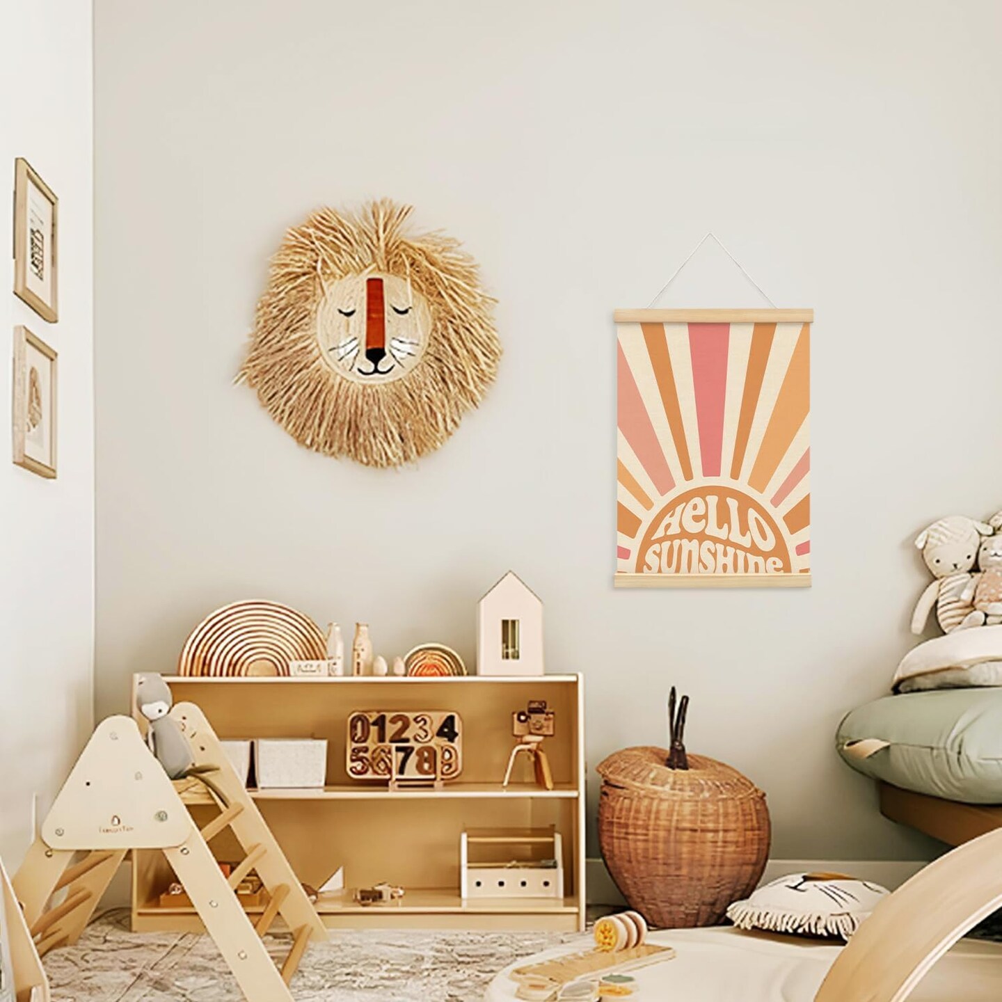 Hello Sunshine Boho Summer Sun Decor Poster Hanger Frame - Door Wall Boho Nursery Wooden Frames,Motivational Wall Hanging Banner Decor for Bedroom Playroom Homeschool School 12x16 Inch