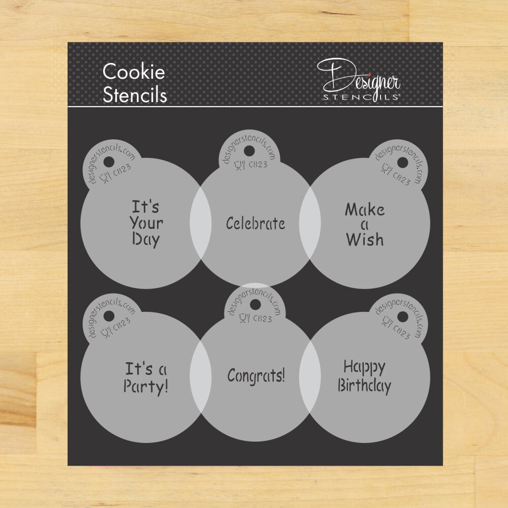 It&#x27;s a Party Cookie Stencil Set: Happy Birthday, Congrats, It&#x27;s a Party, Make a Wish, Celebrate | C823 by Designer Stencils | Cookie Decorating Tools | Baking Stencils for Royal Icing, Airbrush, Dusting Powder | Reusable Food Grade Stencil