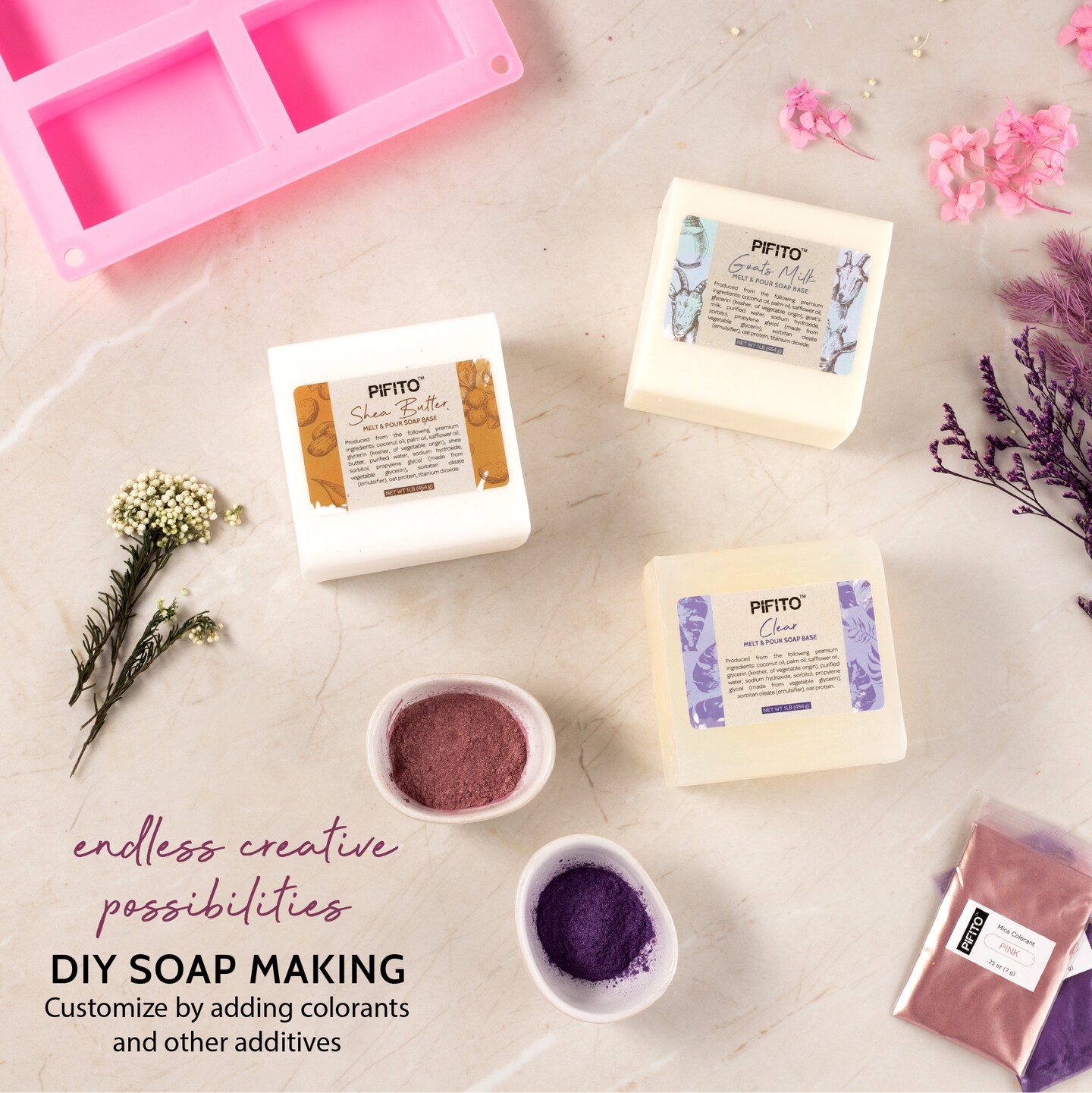 Pifito Soap Making Kit &#x2502; DIY Soap Making Supplies - 3 lbs Melt and Pour Soap Base (Goats Milk, Shea Butter, Clear), 10-Pack Mica &#x22;Original&#x22; Colorants Sampler, Mold and Instructions