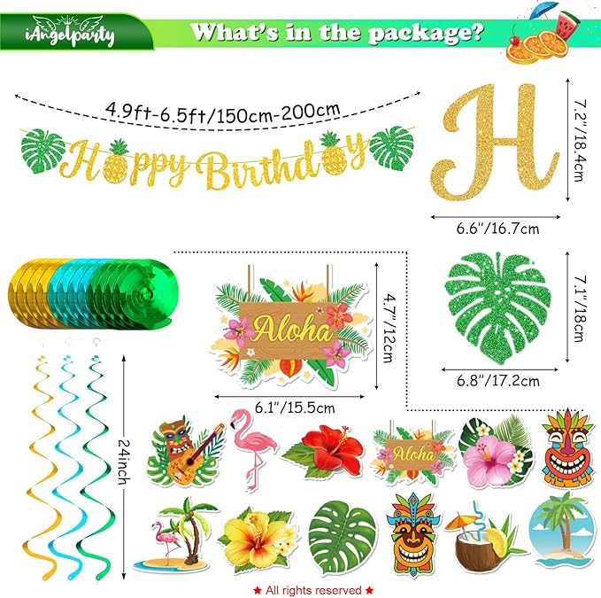 Hawaiian Happy Birthday Banner,Luau Birthday Party Decorations Aloha Summer Beach Themed Glittery Flower Garland Tiki Flamingo Pineapple Palm Leaves Tropical Party Decorations for Birthday Decor