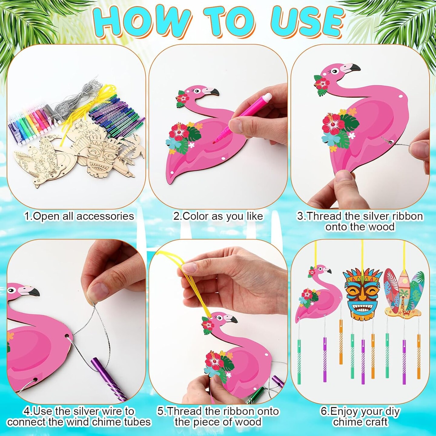 16 Pack Summer Wind Chime Kit Hawaii Craft Make Your Own Flamingos Tiki Surfboard Wind Chime DIY Wooden