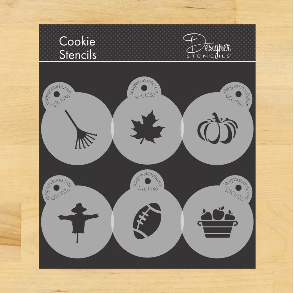 Fall Autumn Season Cookie &#x26; Cupcake Top Stencil Set | C1036 by Designer Stencils | Cookie Decorating Tools | Baking Stencils for Royal Icing, Airbrush, Dusting Powder | Reusable Plastic Food Grade Stencil for Cookies | Easy to Use &#x26; Clean