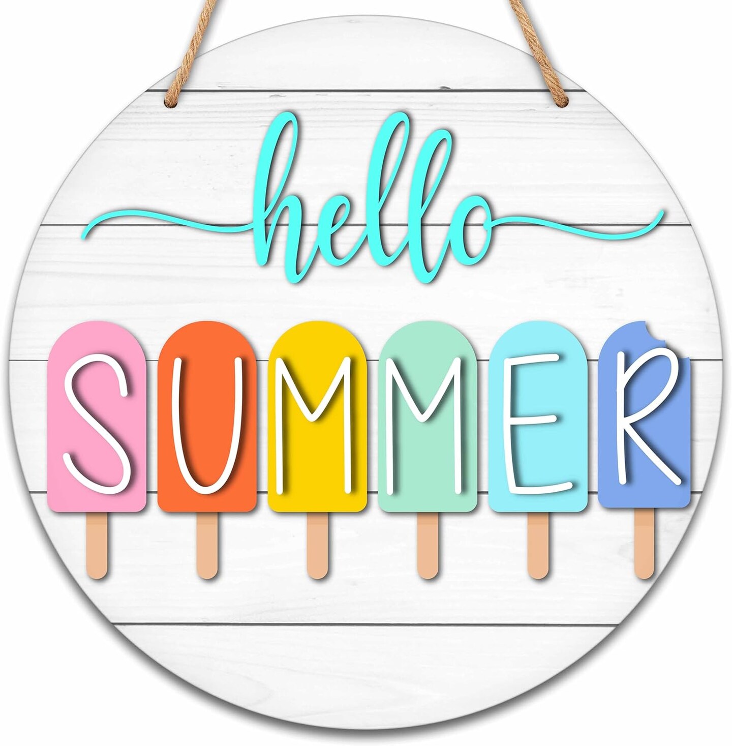 Summer Welcome Sign for Front Door, Hello Summer Wooden Signs Wall Decor, Popsicle Round Hanging Sign With Rope, Summer Decor For Home Front Door Porch, A10