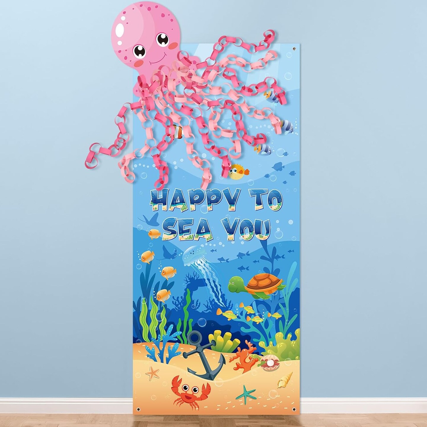 Ocean Classroom Decor Happy to Sea You Background Door Cover First Day of School DIY Octopus Door Banner Front Porch Sign for Back School Supplies Summer Party Decor